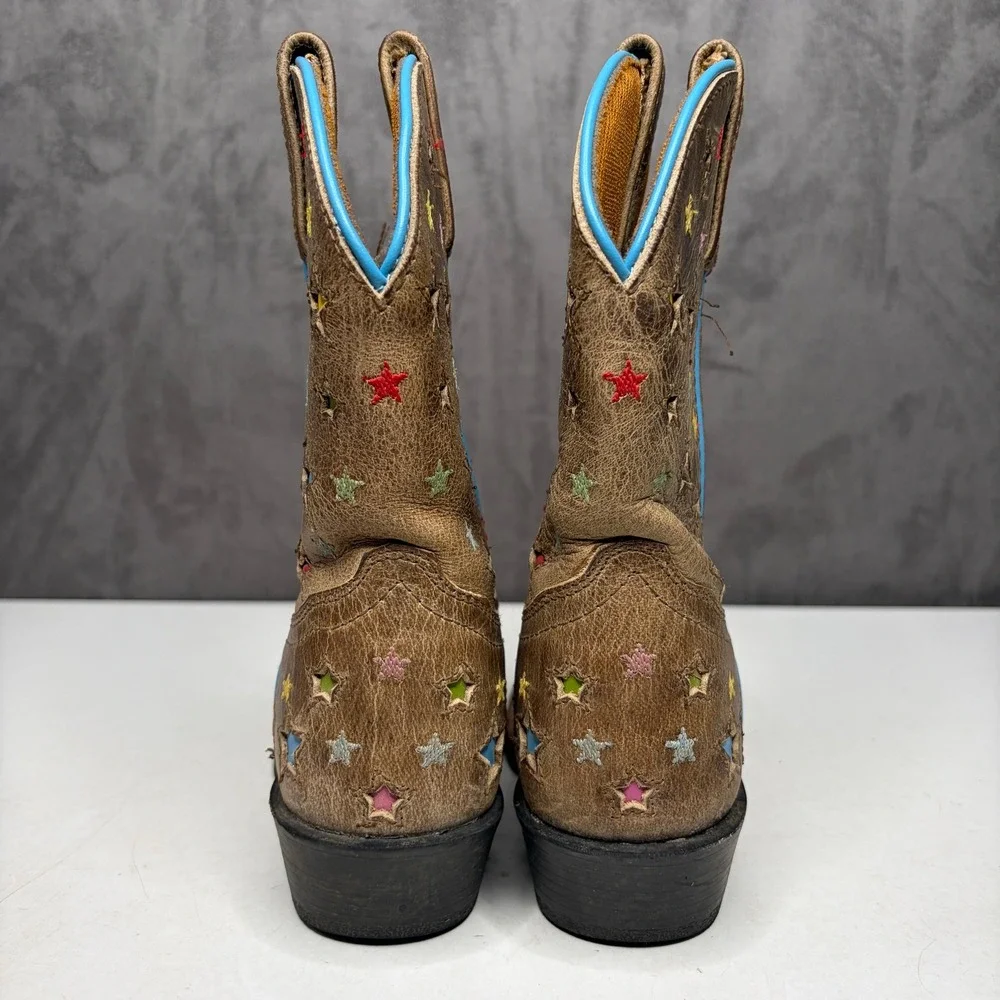 Dan Post Cowboy Boots Kids 13D Brown Multi Color Star Cutout Square Toe DPC2952